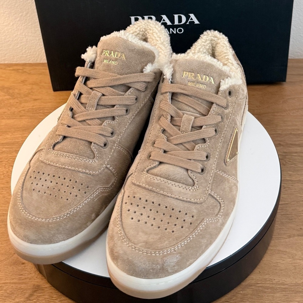 Prada Men Scamosciato Winter Suede Shearling Sneakers Visone Beige 2EE364 US 9.5